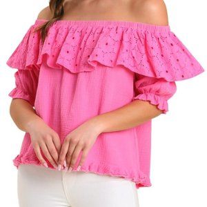NWT Umgee Gauze & Eyelet Off the Shoulder Top with Puff Sleeves